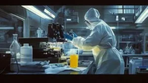 A professional examining chemical purity, a critical step when choosing a chemical supplier.